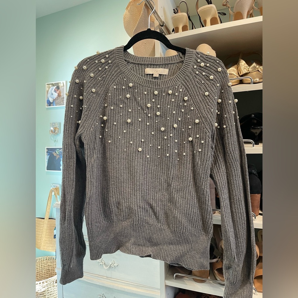 LOFT Grey Pearl-Studded Sweater